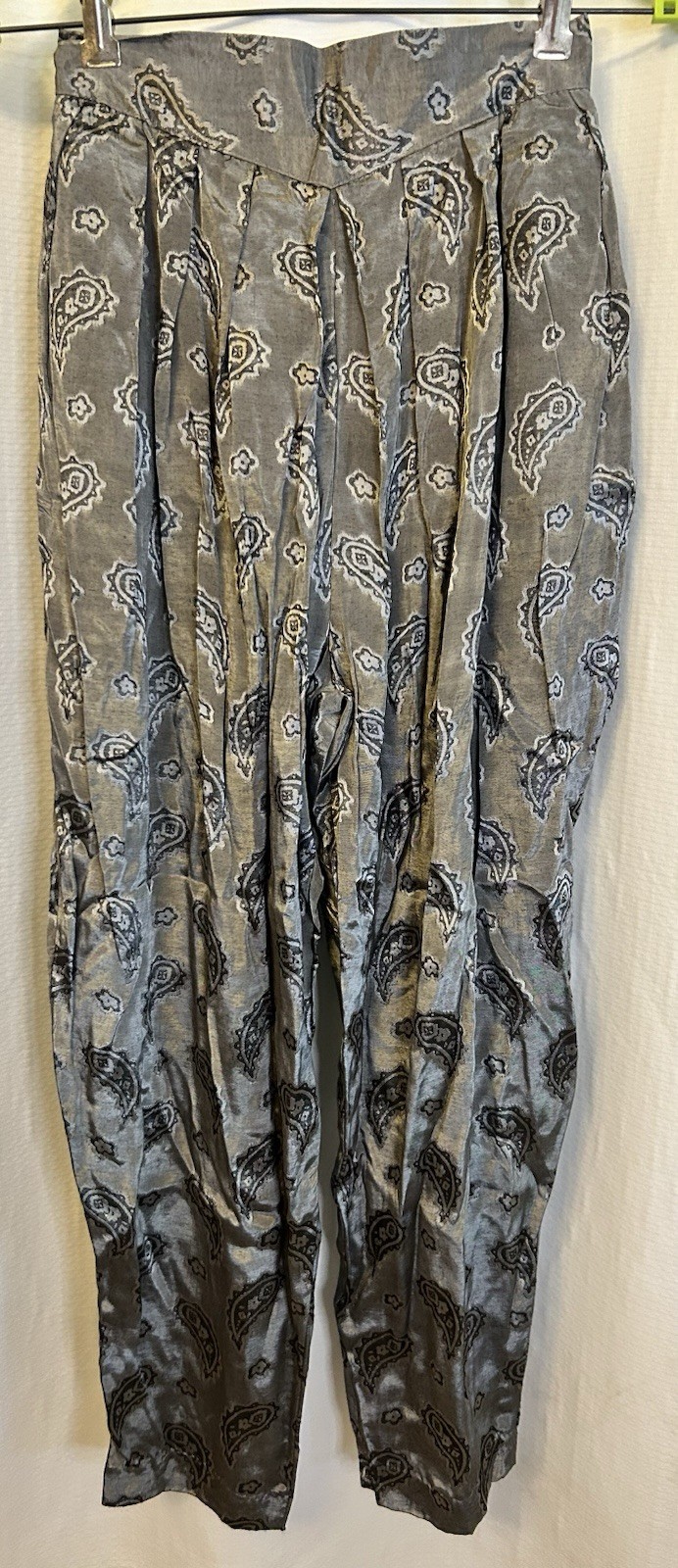 VTG 90s Harem Pants Paisley Genie MC Hammer Silver Satin Womens Sz 3/4 Hip Hop