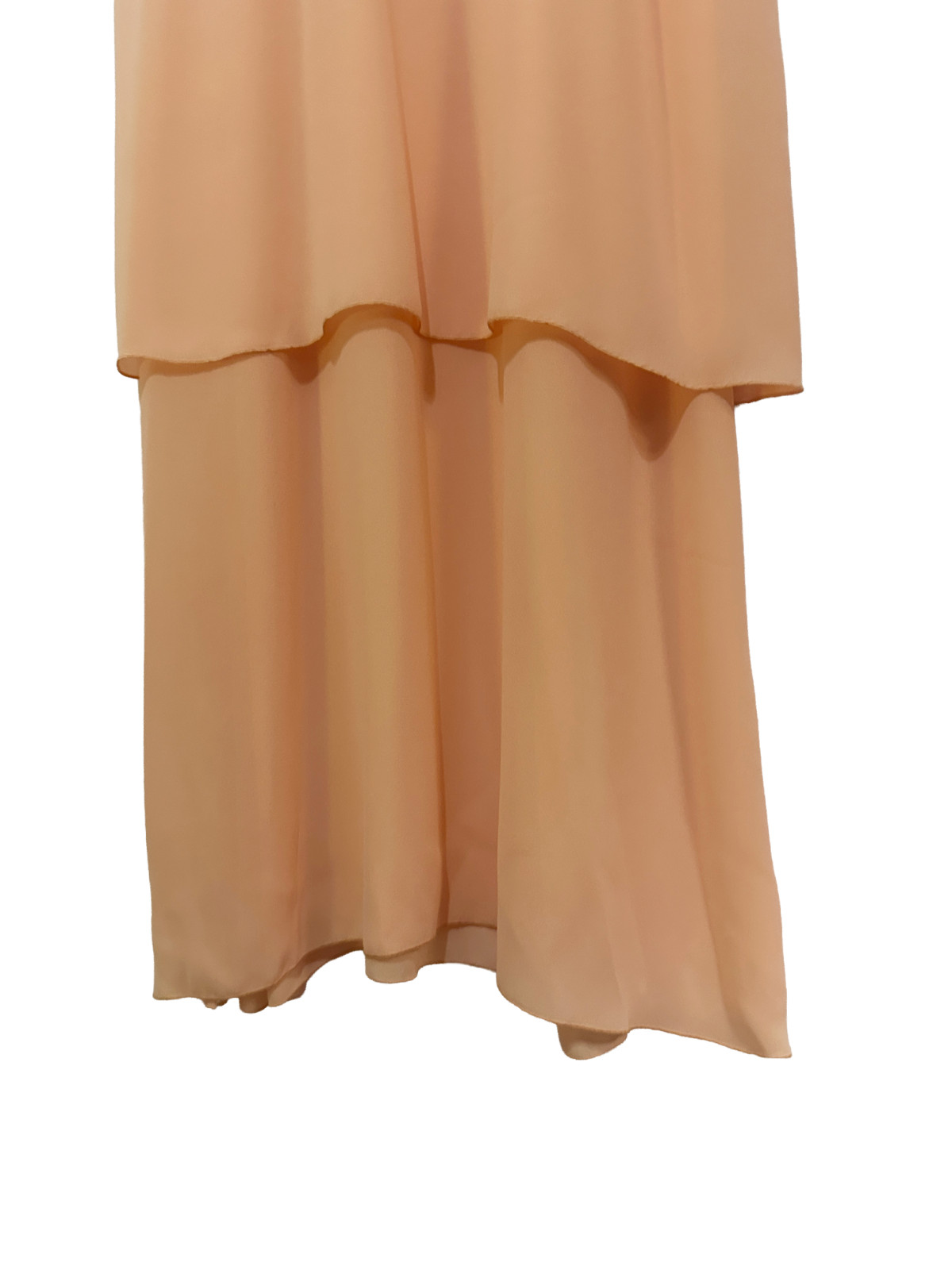 1970s Enrico Serrati Apricot Tiered Chiffon Maxi Dress w Shoulder Rosette Fit xS
