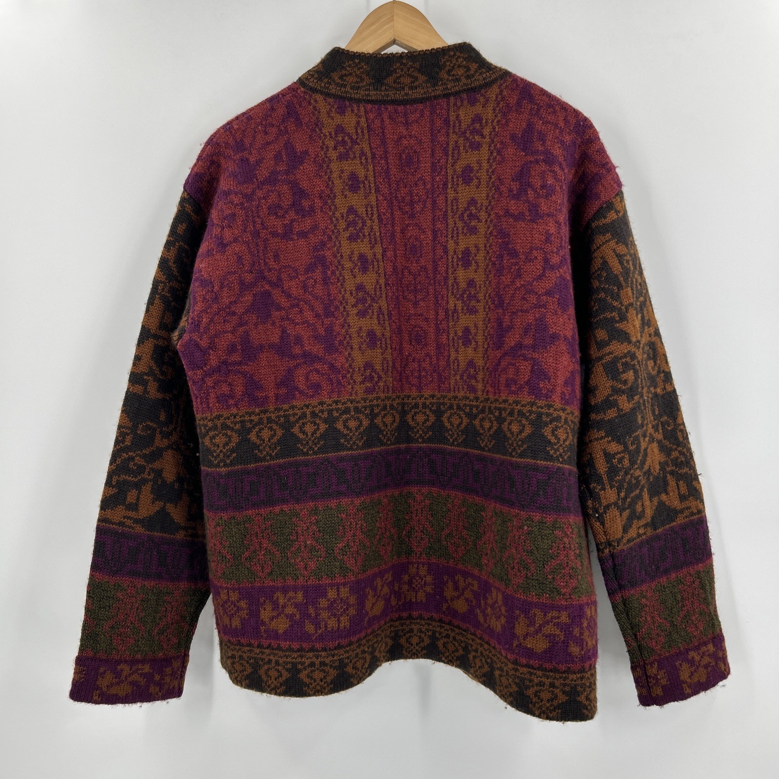 Vintage 80s Wool Cardigan Womens Size L Hong Kong Fair Isle Nordic Floral Jacket