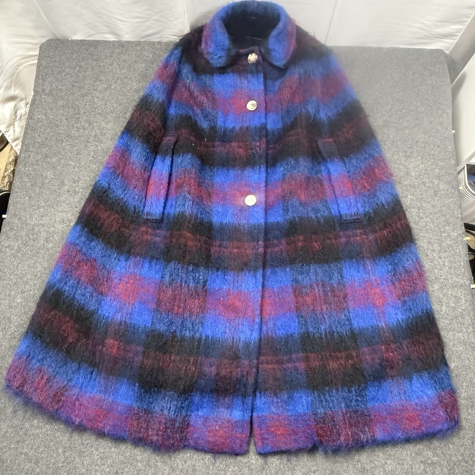 Vintage Scotch House Plaid Wool Cape Coat Blue Purple Swing Lined