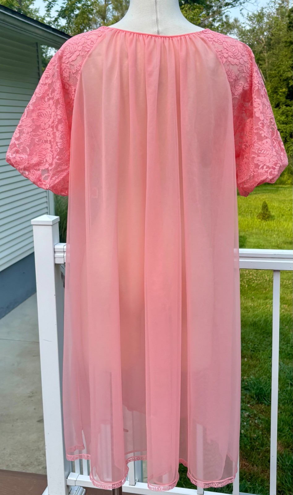 Vintage Sears Lace Puff Sleeve Sheer Nylon Chiffon Double Layer Robe 36