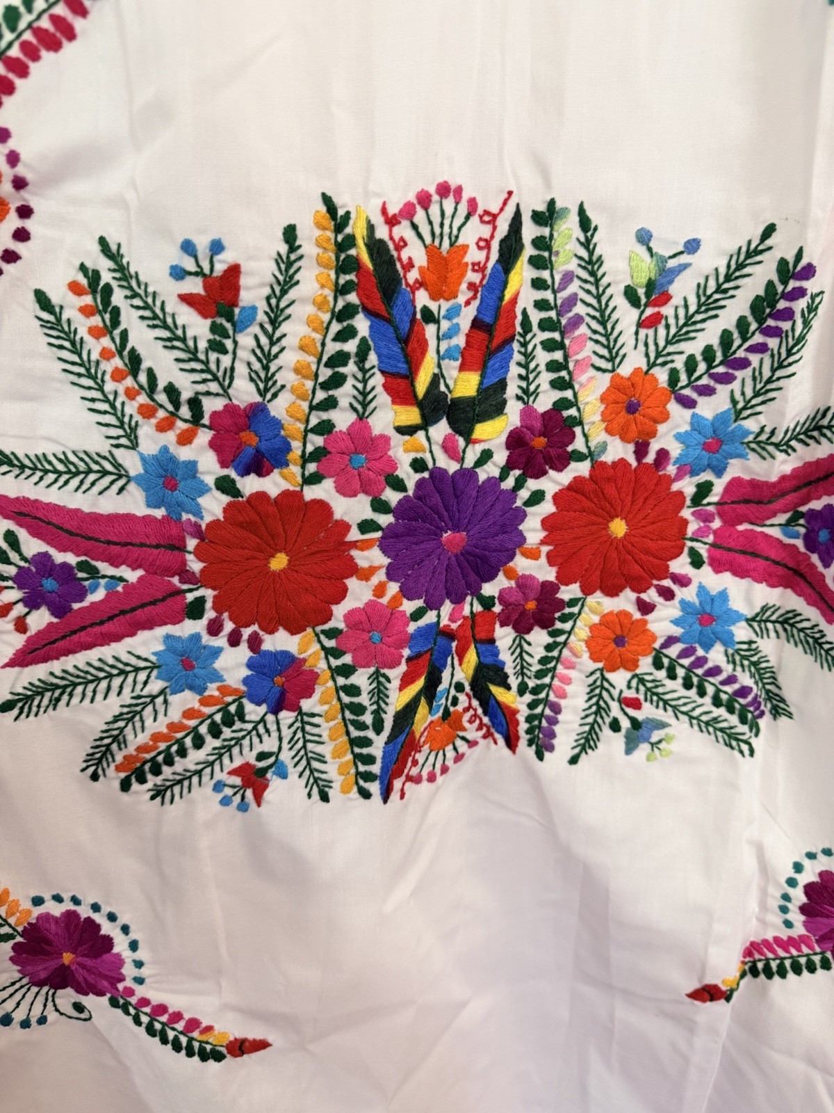 Mexican Oaxaca White multi colored EMBROIDERED DRESS Large boho sundress Cotton
