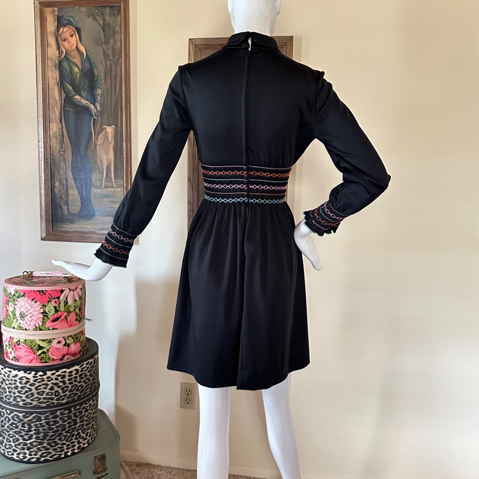 Vintage 1970s Mod Shady Lane Rainbow Smocked Waist Long Sleeve Mini Day Dress S