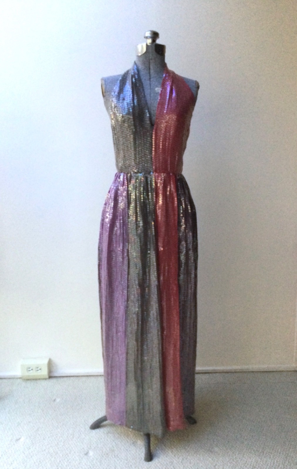 Vintage 1970’s Bill Blass Colorblock Silk and Sequin Halter Gown