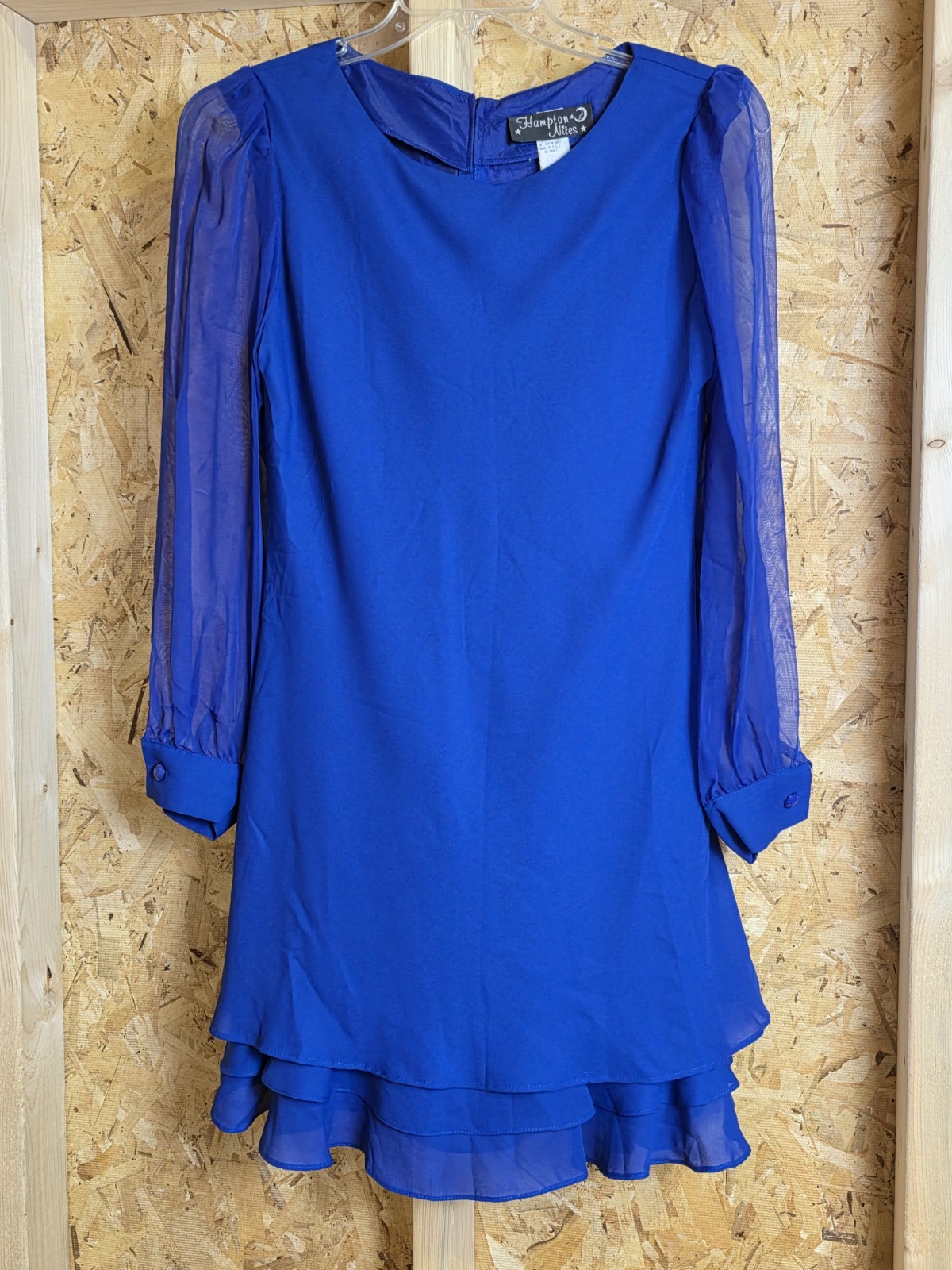 Dress Size 8 Hampton Nites Vintage 90s Layer Ruffle Hem Blue Sheer Long Sleeve