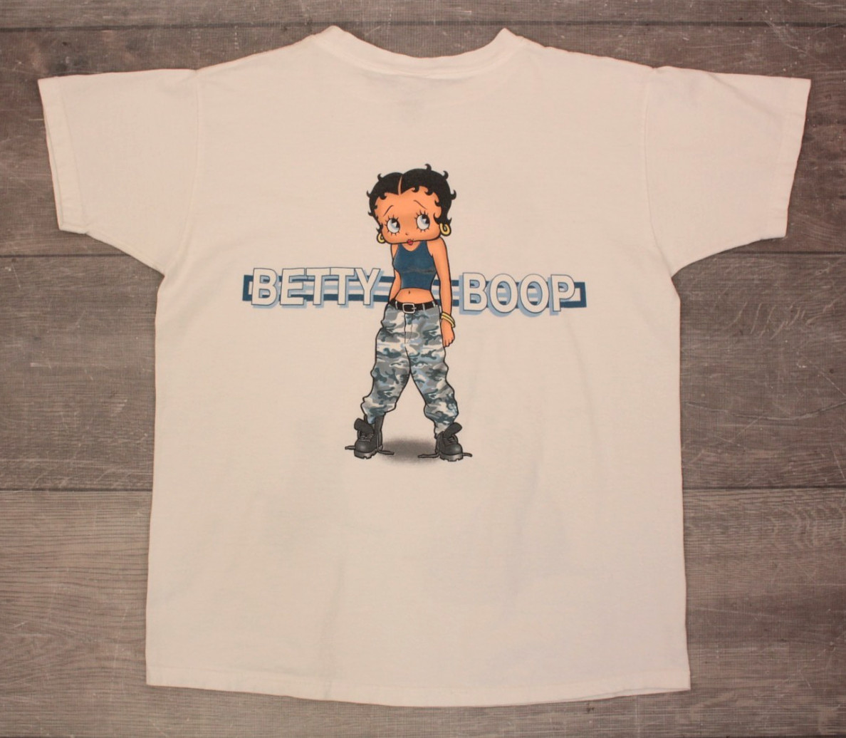 VTG Women’s 90s White Betty Boop Military / Camo Girl T Shirt / Tee Sz M 1990s