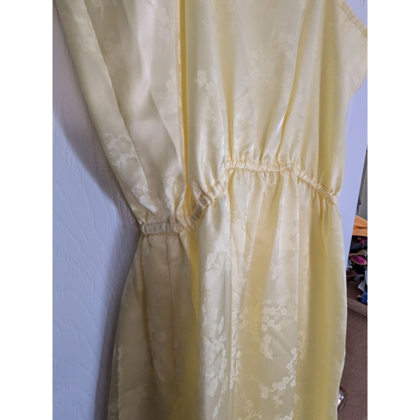 Vintage Yellow Floral Jacquard Maxi Dress Cowl Neck Elastic Waist Sleeveless M