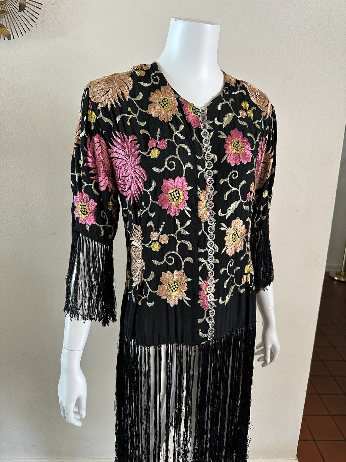 1940s Piano Shawl Jacket Embroidered Long Fringe Duster Canton Export S Vintage