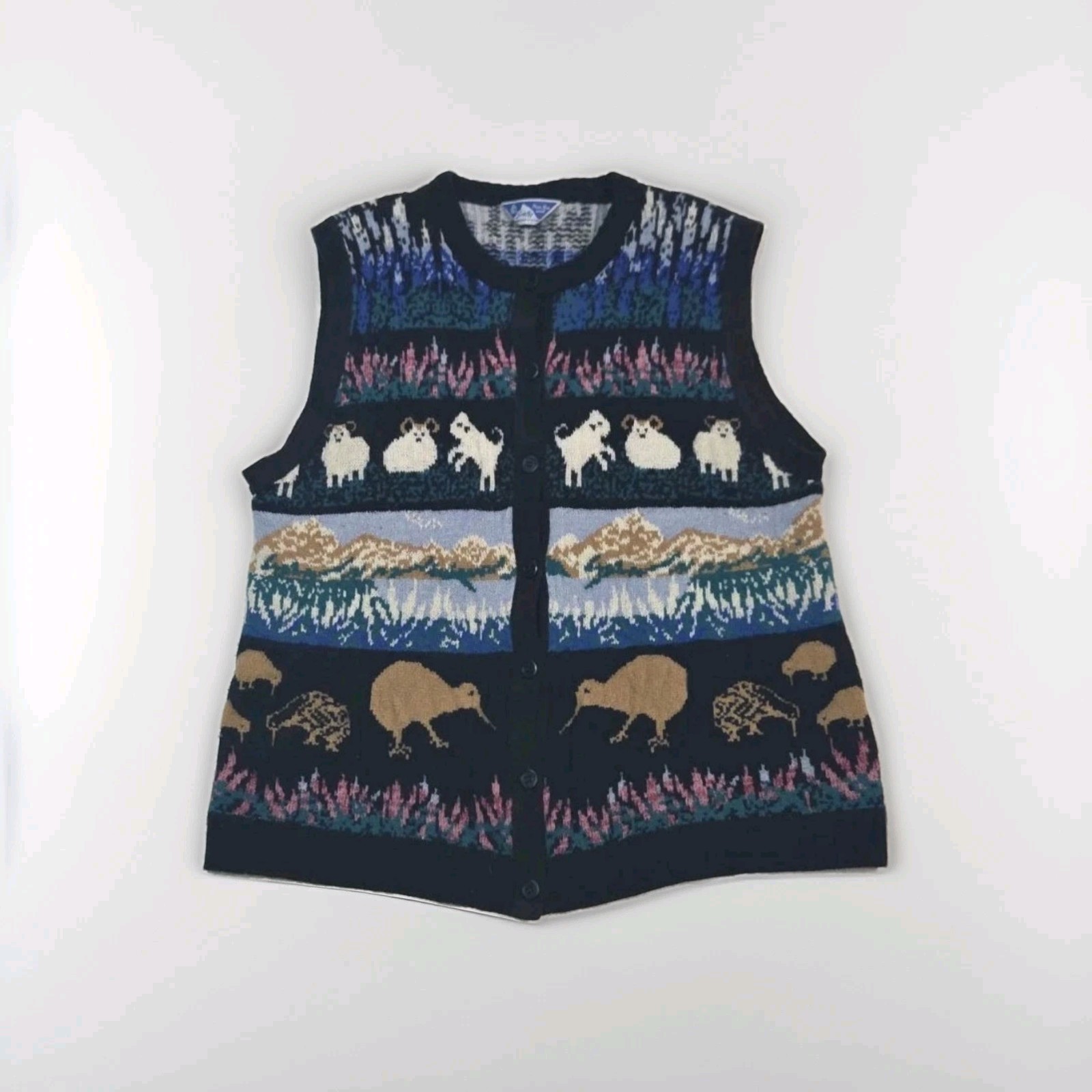 Vtg Scan Alp New Zealand Alpine Themed 80s PURE WOOL Knit Boho Ski Vest Womens L