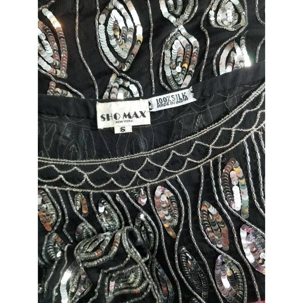 Vtg Sho Max NY Silver Sequin Silk Crepe Blouse Vertical Stripe Disco NYE Party S