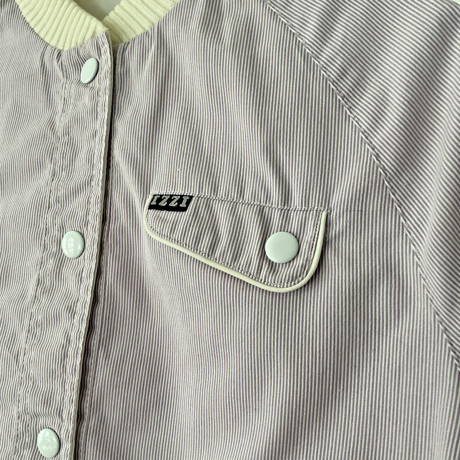 Vintage 80s–90s IZZI Reversible Bomber Jacket Lavender Pinstripe & White Varsity