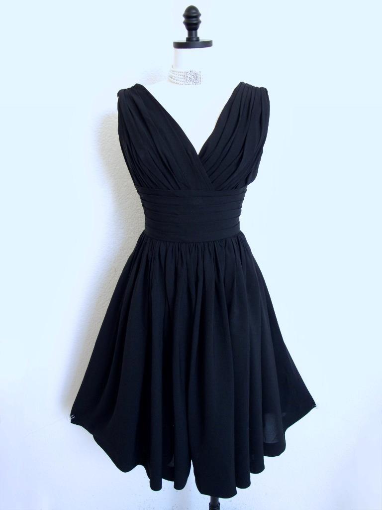 Vintage 50s Miss Elliette Black Cocktail Dress XS Bombshell Ruched Full Skirt
