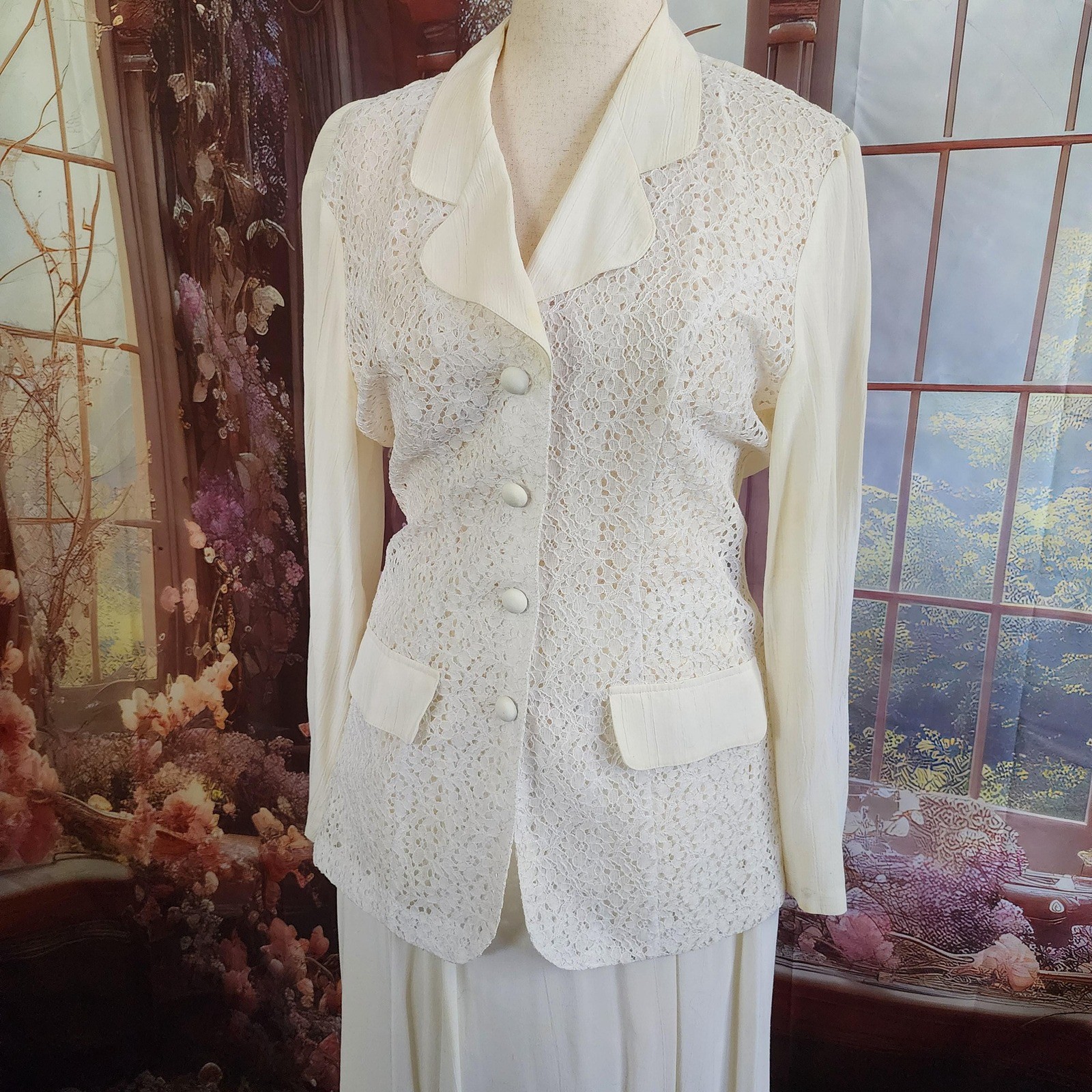 Francine Browner Vintage Lace Front Blouse & Pleated Maxi Skirt Set Off White M