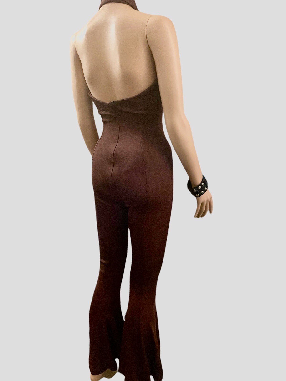 Scanlan Theodore Jumpsuit Vintage 90s Crepe Knit Halter Neck Flared Brown Size S