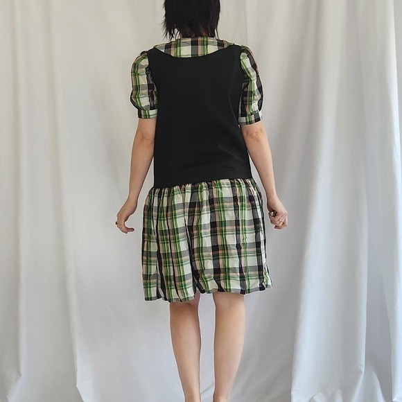70s Black, Green, and Pink Plaid Drop Waist Dress