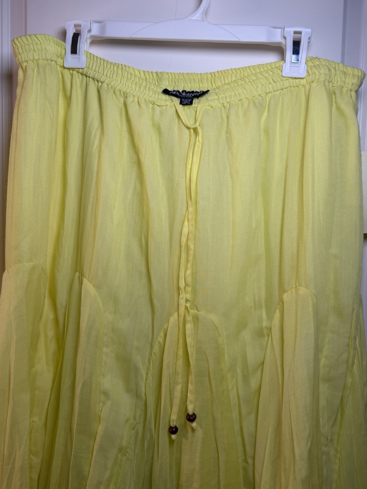Vintage Y2K Mix Nouveau Yellow Smocked Waist Maxi Skirt Boho Beaded Tassels XL
