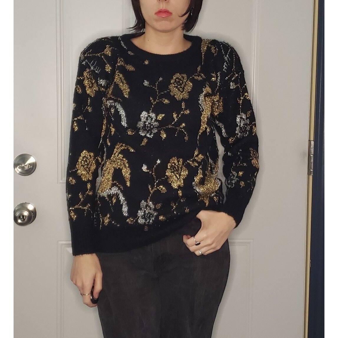 80s Black, Gold, and Silver Rose Sweater