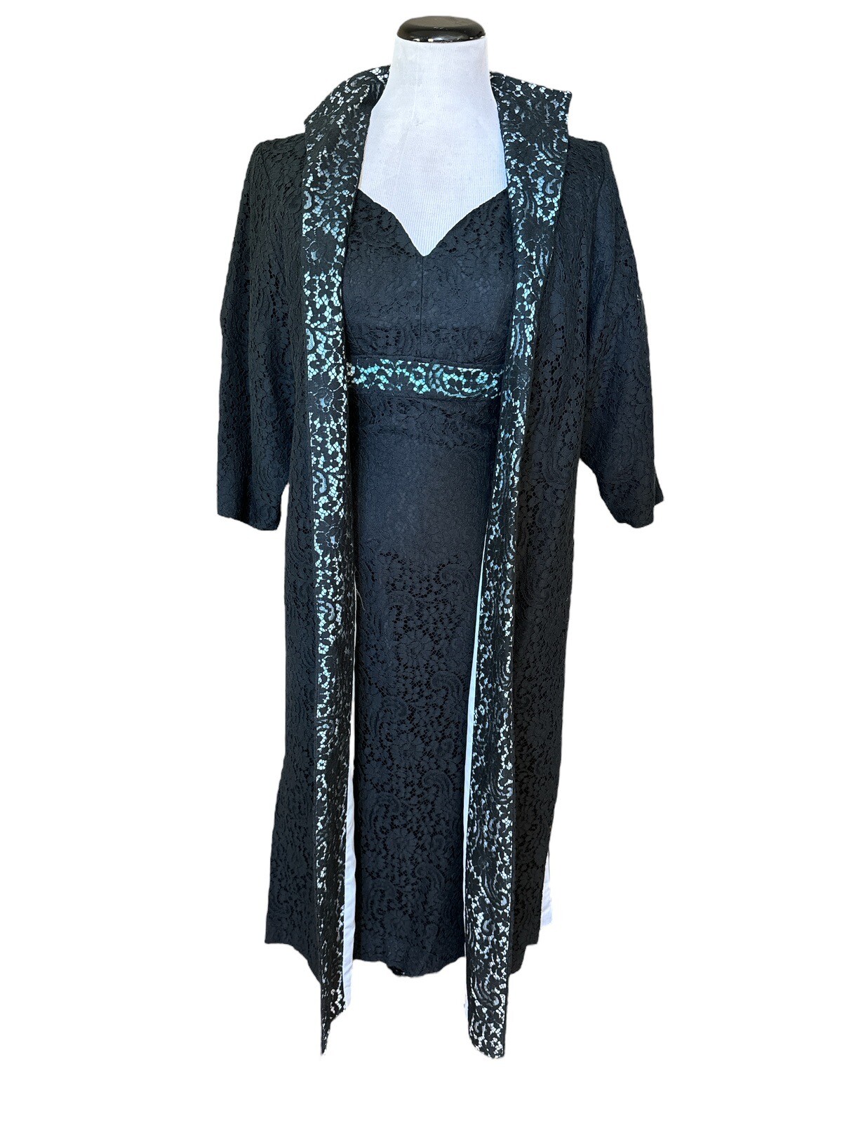 Vtg 50/60’s Two Piece Black Robins Egg Blue Lace Dress Long Coat Sz 4/6 (?) 28”
