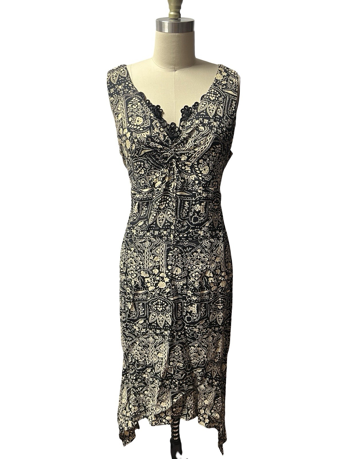 Vtg 90s Paisley Hi-Low Hem Midi Dress Womens 15/16 Black Cream Rayon Boho Grunge