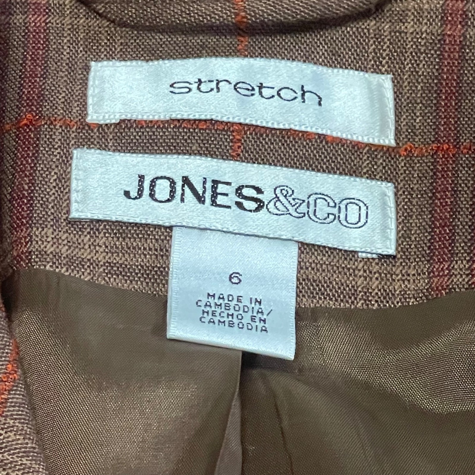 Vintage Jones & Co Plaid Tweed Blazer Jacket Size 6 Brown Red Martingale Belted