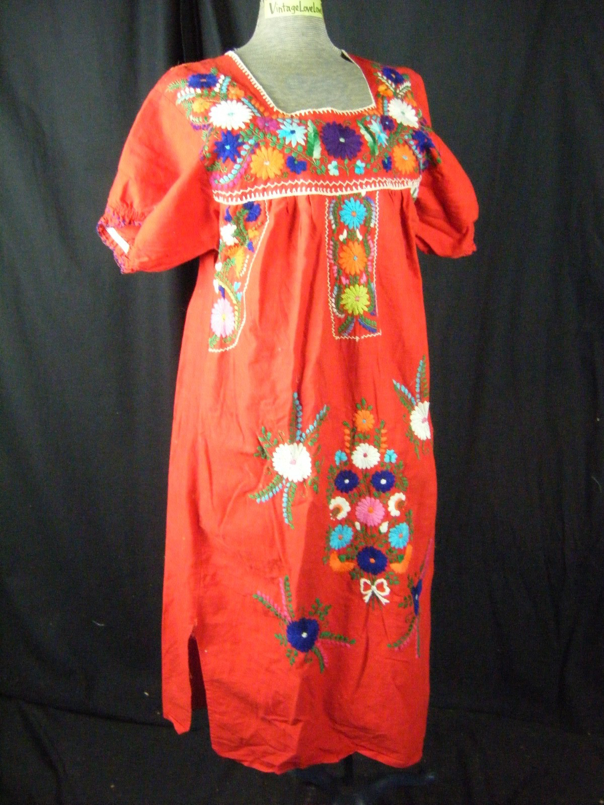 Vintage Bright Red Mexican Floral Embroidered Cotton Dress-Bust 39/S-M