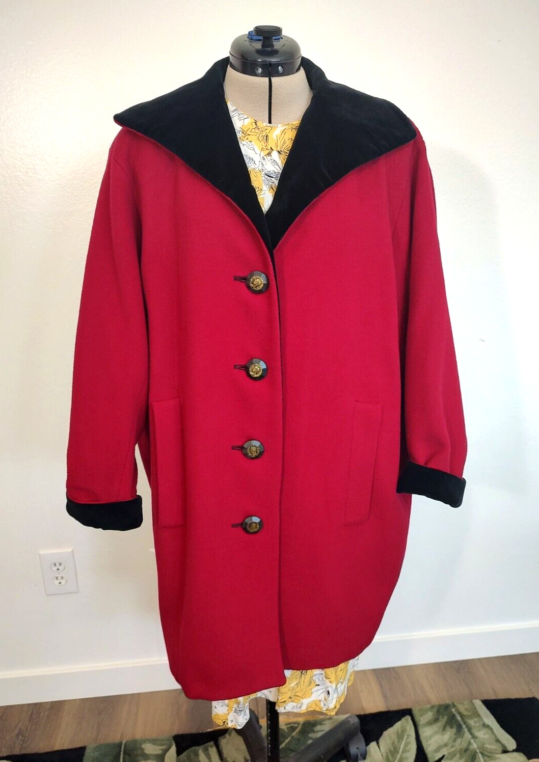 Vintage Yves Saint Laurent Rive Gauche Red Wool & Blk Velvet Woman’s Coat Size 9