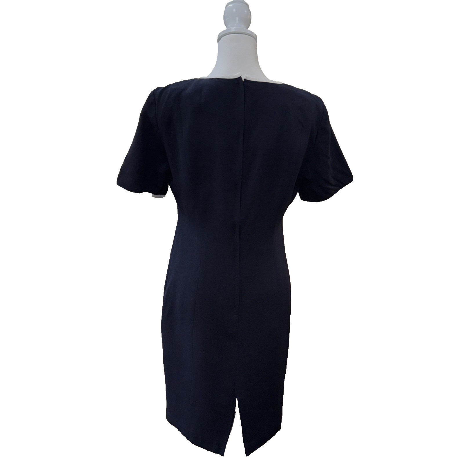 Vintage Navy Sheath Dress Petite 8 Union Made Gold Buttons White Trim Lined