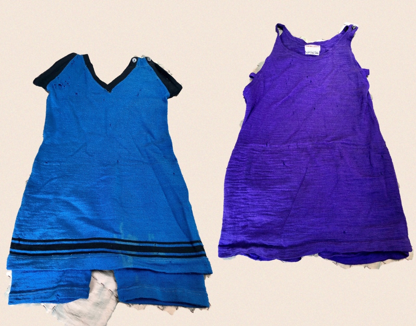 LOT 2) Antique VTG 1920s Wool Knit FLAPPER SWIMSUITS *PURPLE & Black & Blue