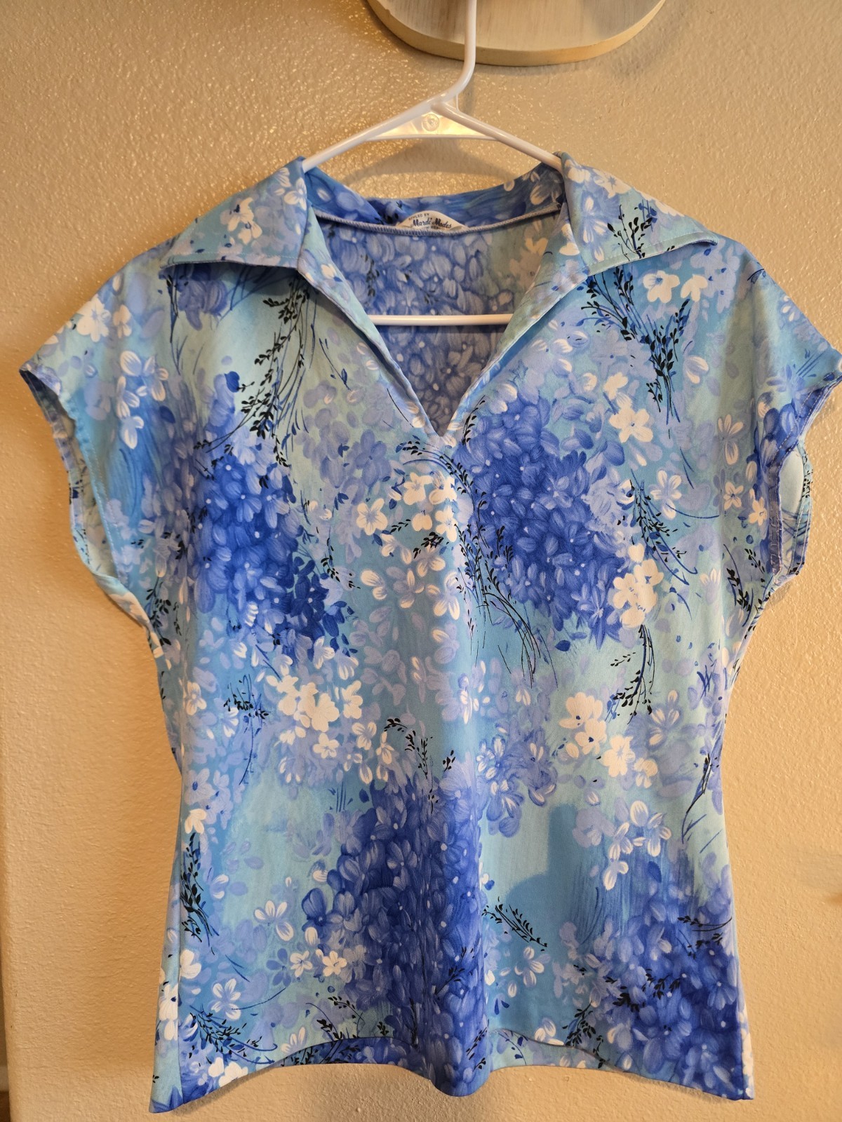 Mardi Modes Vintage Blue 1970s floral collared Cap-sleeve blouse Top Medium