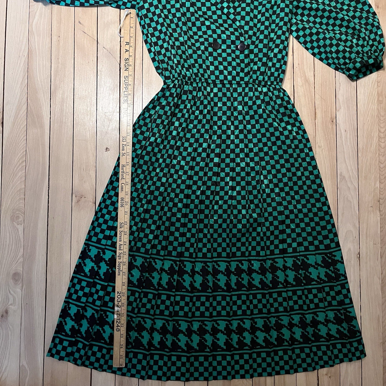 Jaymee Papell Vintage 80’s Green Checkered Dress Cinch Waist Sz 6