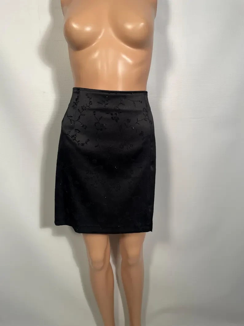 90s Black Satin 3 Piece With Flocked Velvet Glitter Floral Size 11/12 M 30/31 W