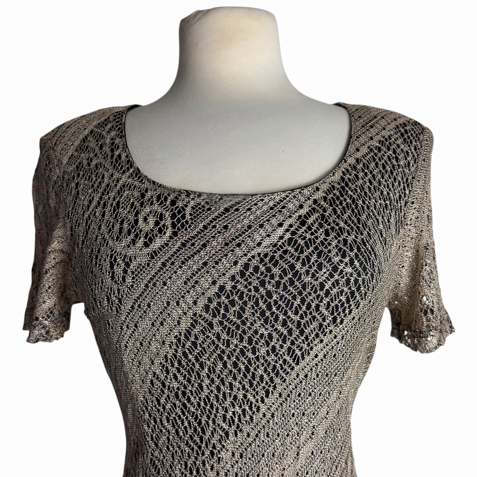 Vintage 90s Gold Sheen Crochet Lace Fringe Flapper Dress Pointelle Mesh Small