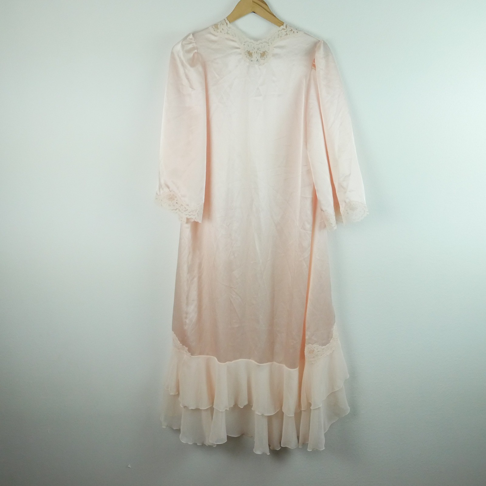 Vintage Blanche Pink Satin Nightgown Robe Set Peignoir Lace Sheer Ruffle P XS