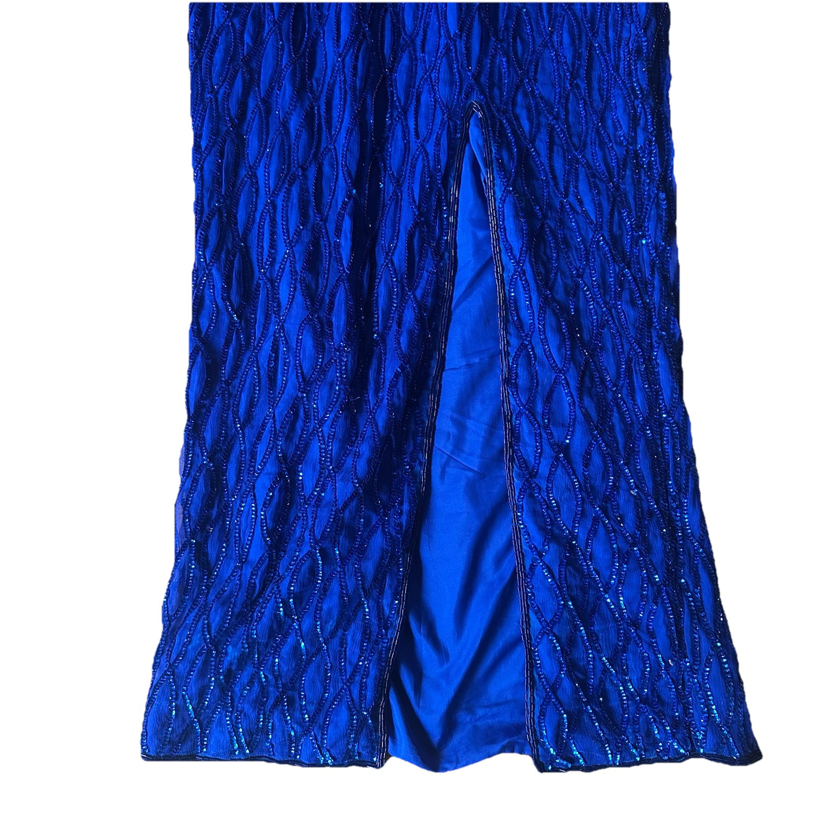 Vintage LAURENCE KAZAR Royal Blue BEADED Sequin Silk HALTER GOWN Long Formal M