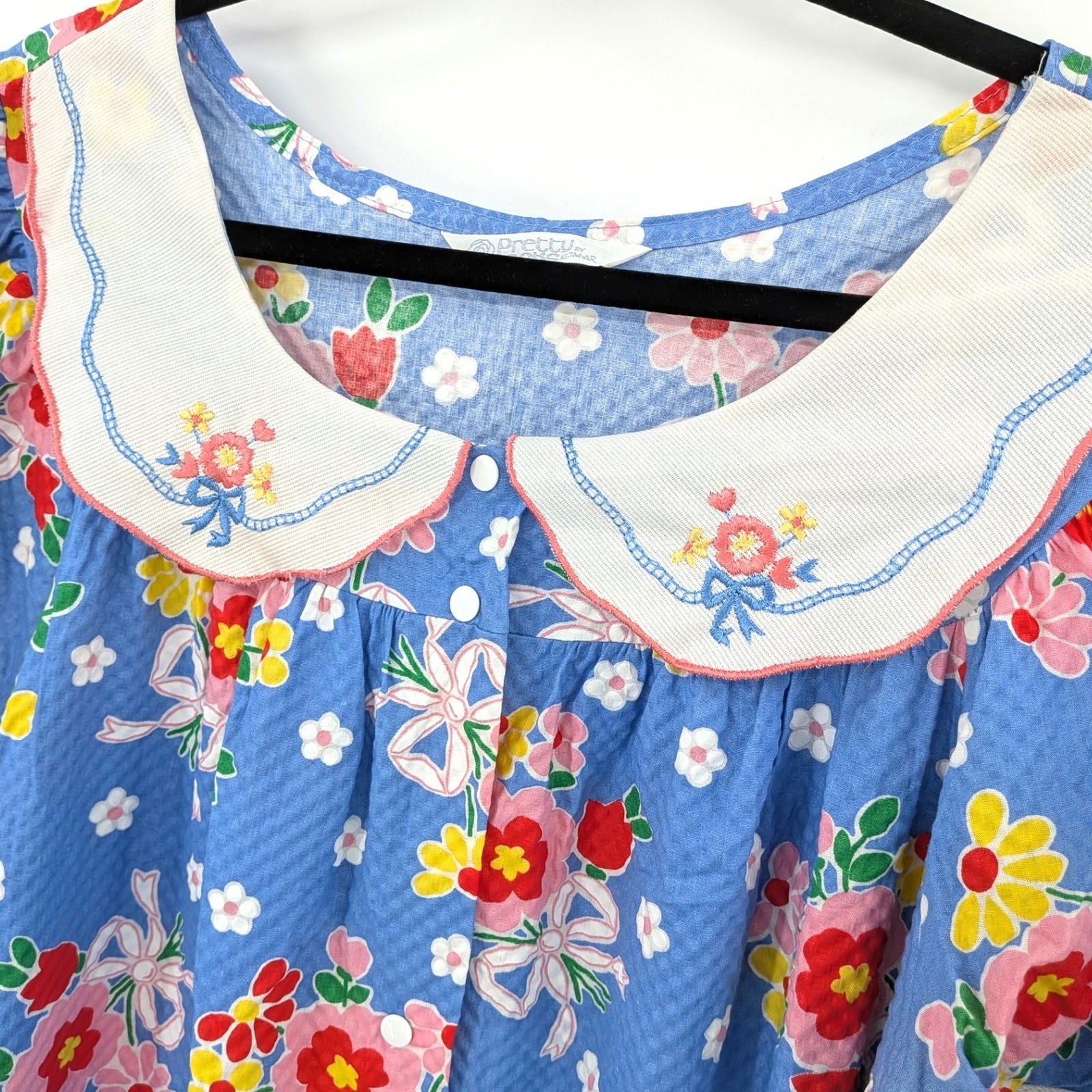 Vintage Floral Housecoat Dress Cotton Peter Pan Collar Cottagecore Blue Midi L