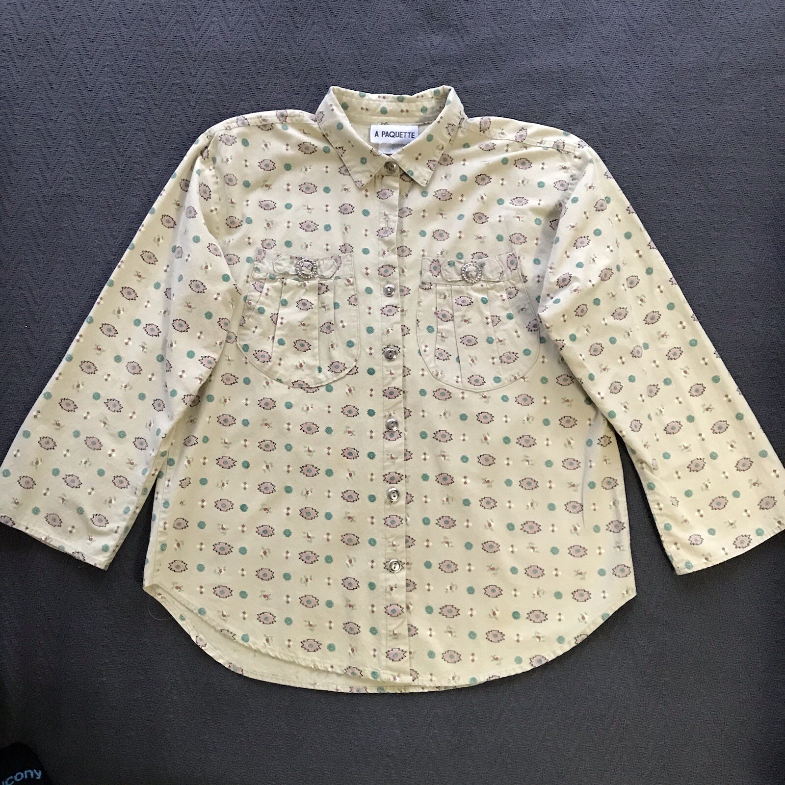 VTG A Paquette Western Southwest Button Down 100% Cotton Silver Tone Hardware L