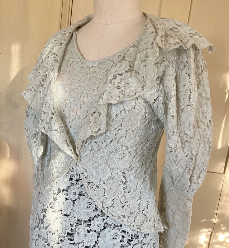 Vtg 1930’s Cotton Lace Gown / Dress w Jacket Light Grey/Blue