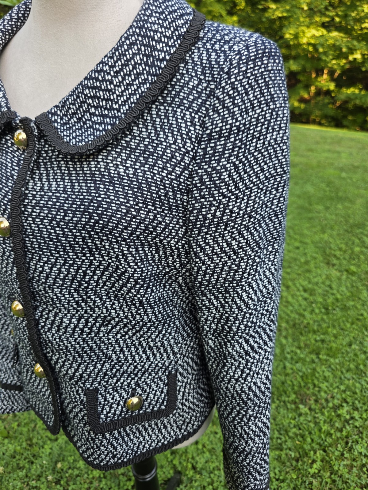 Vtg Kasper NWT Tweed Blazer Jacket Black White Gold Button Braided Trim Sz 12