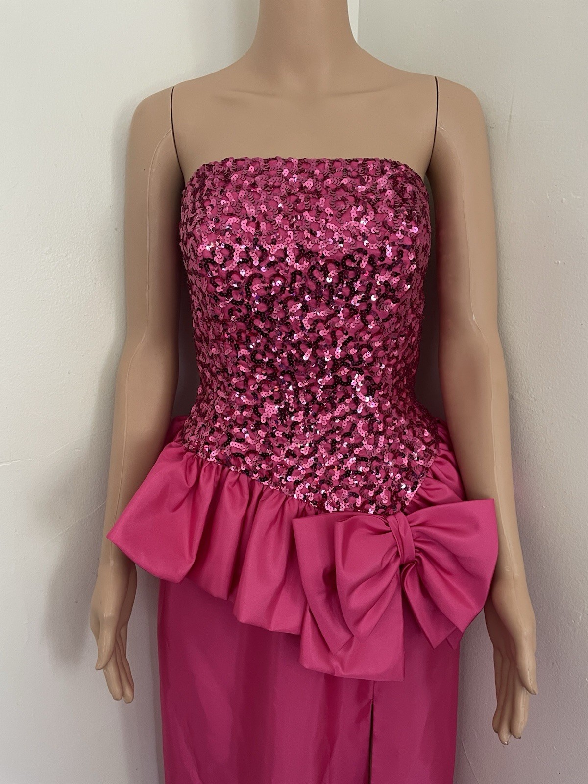 VTG 80s Mike Benet Pink Satin Sequin Strapless Peplum Formal Party Prom Dress
