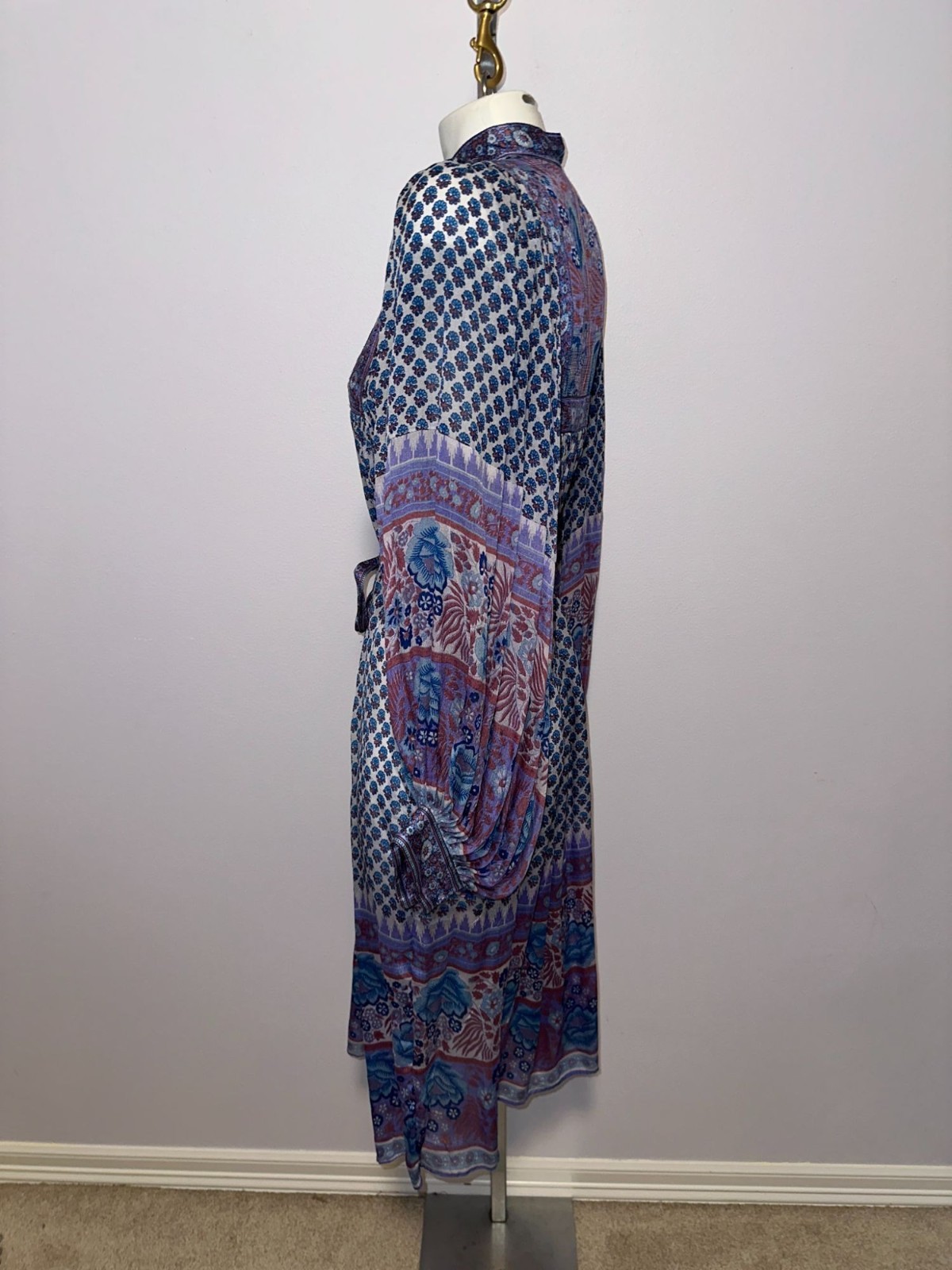 Vintage 70s Ritu Kumar Judith Ann Silk Block Blue Kaftan Dress XS Balloon Sleeve