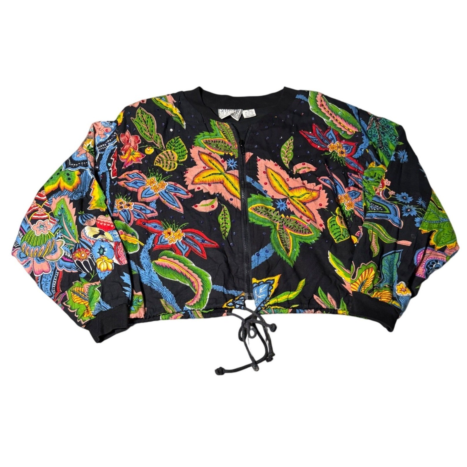 Speed Limit MPH Vintage Floral Sequin Beaded Crop Bomber Jacket Black Medium