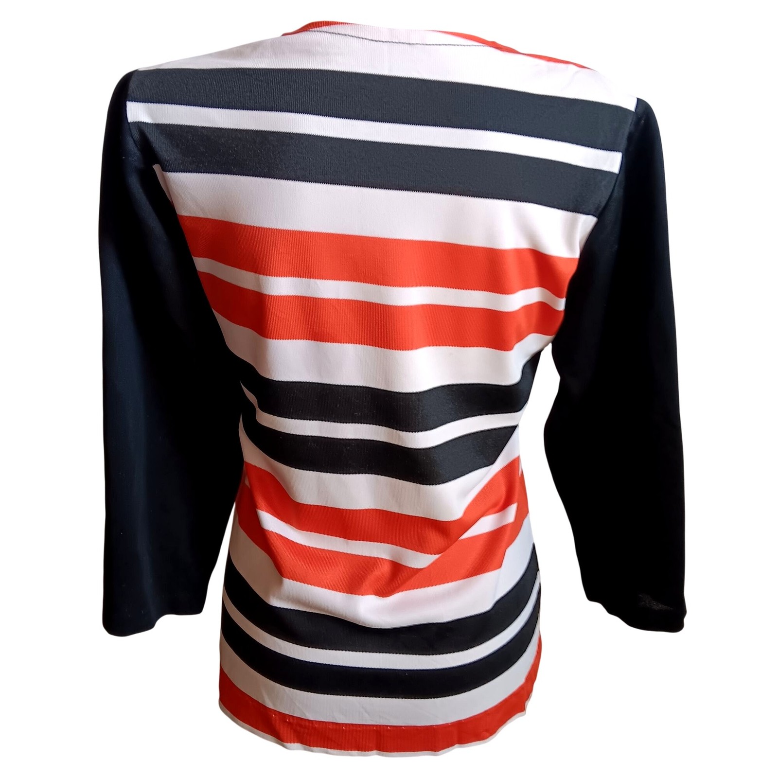 Medium True Vintage Top 1970’s Mod Blouse Striped Orange Black White Acetate