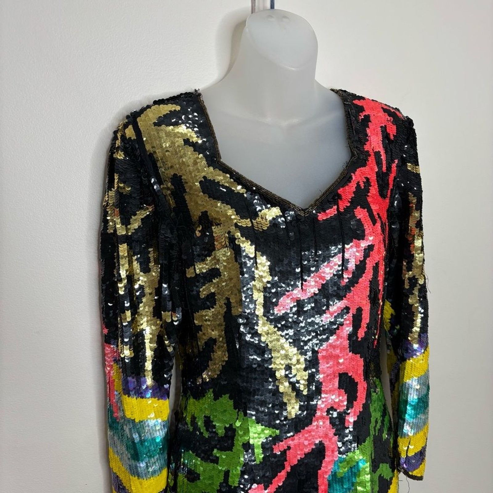 Vintage 80s fully Sequin beaded dress colorful abstract art to wear fits small