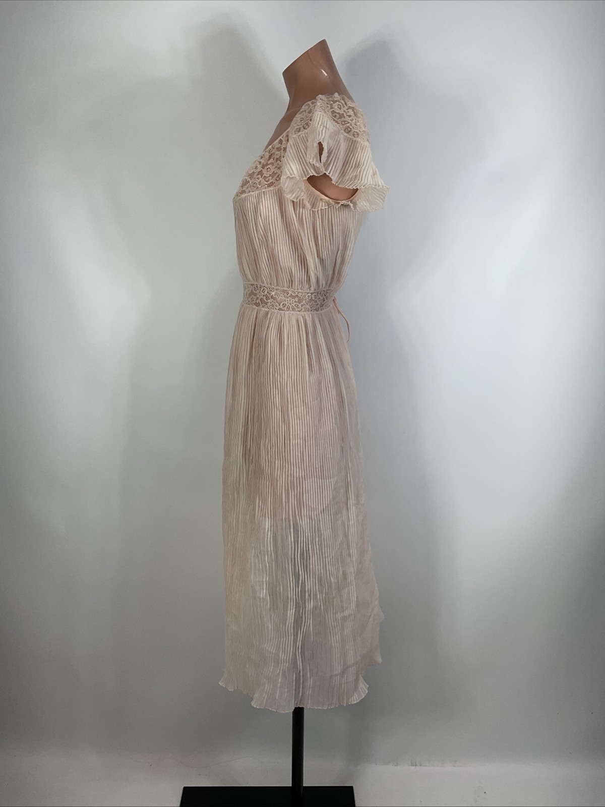 Vintage 40s Pink Crepe Slip Dress Ribbed Lace Gown Cap Sleeve PLUS 18 Bon Claire