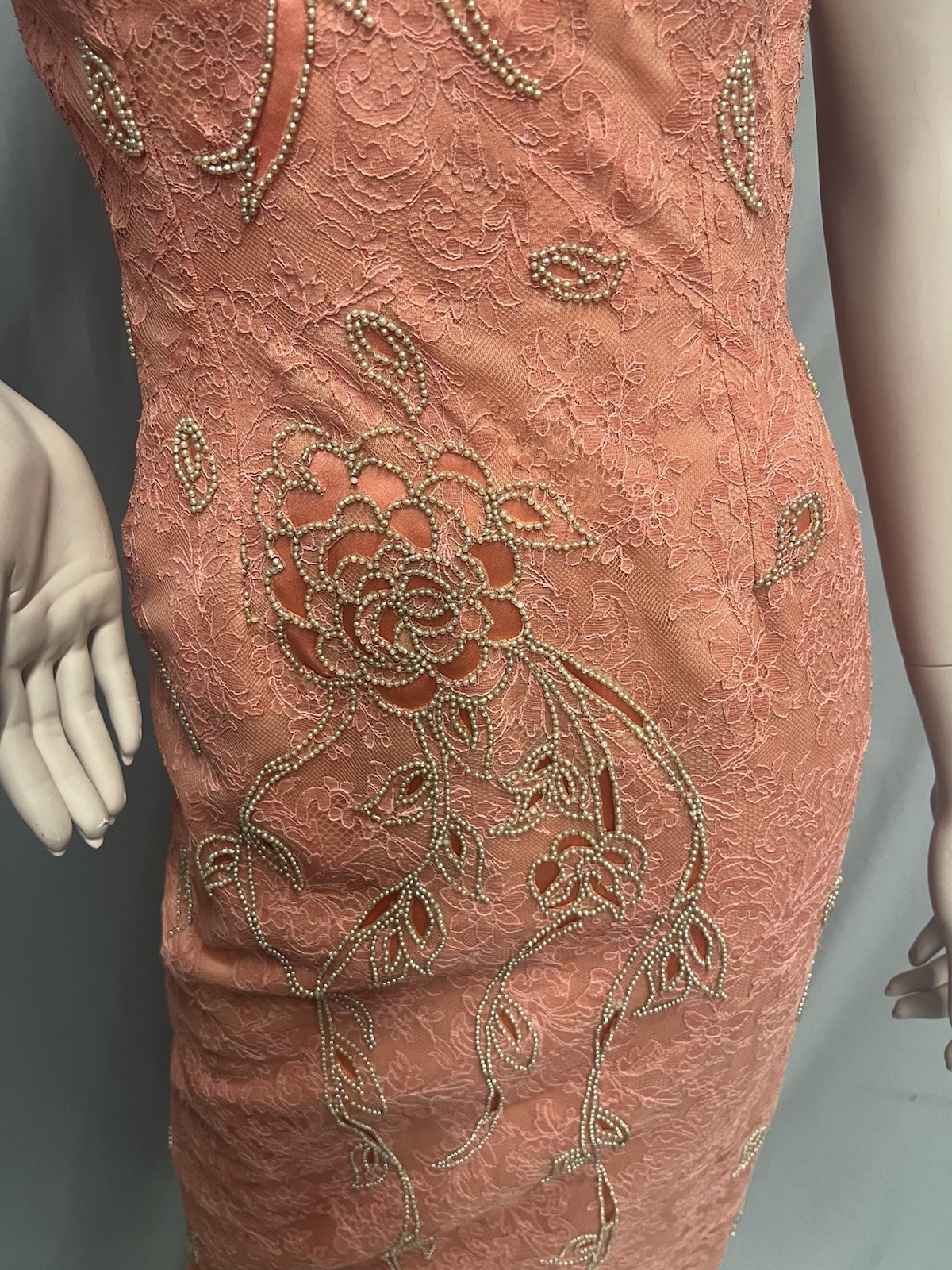 Elegant 1950’s Peach Beaded Lace Evening Gown Mory Roen Couture