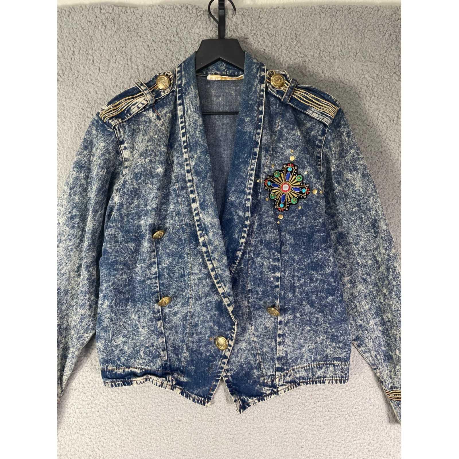 Vintage Acid Wash Denim Jacket Womens Small Military Embroidered 80s Crop