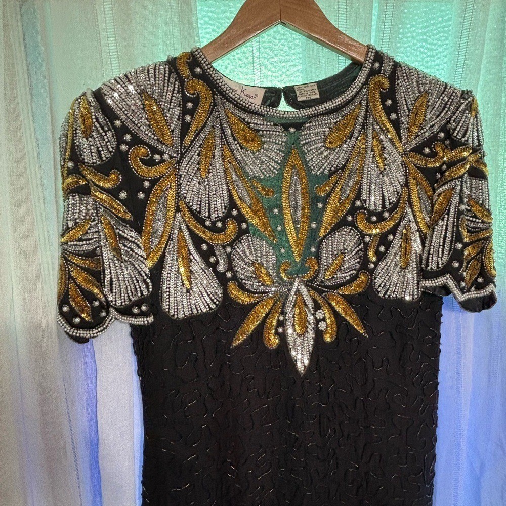 Vtg long PM Laurence Kazar Black Dress with Gold, Silver, and Pearls Party