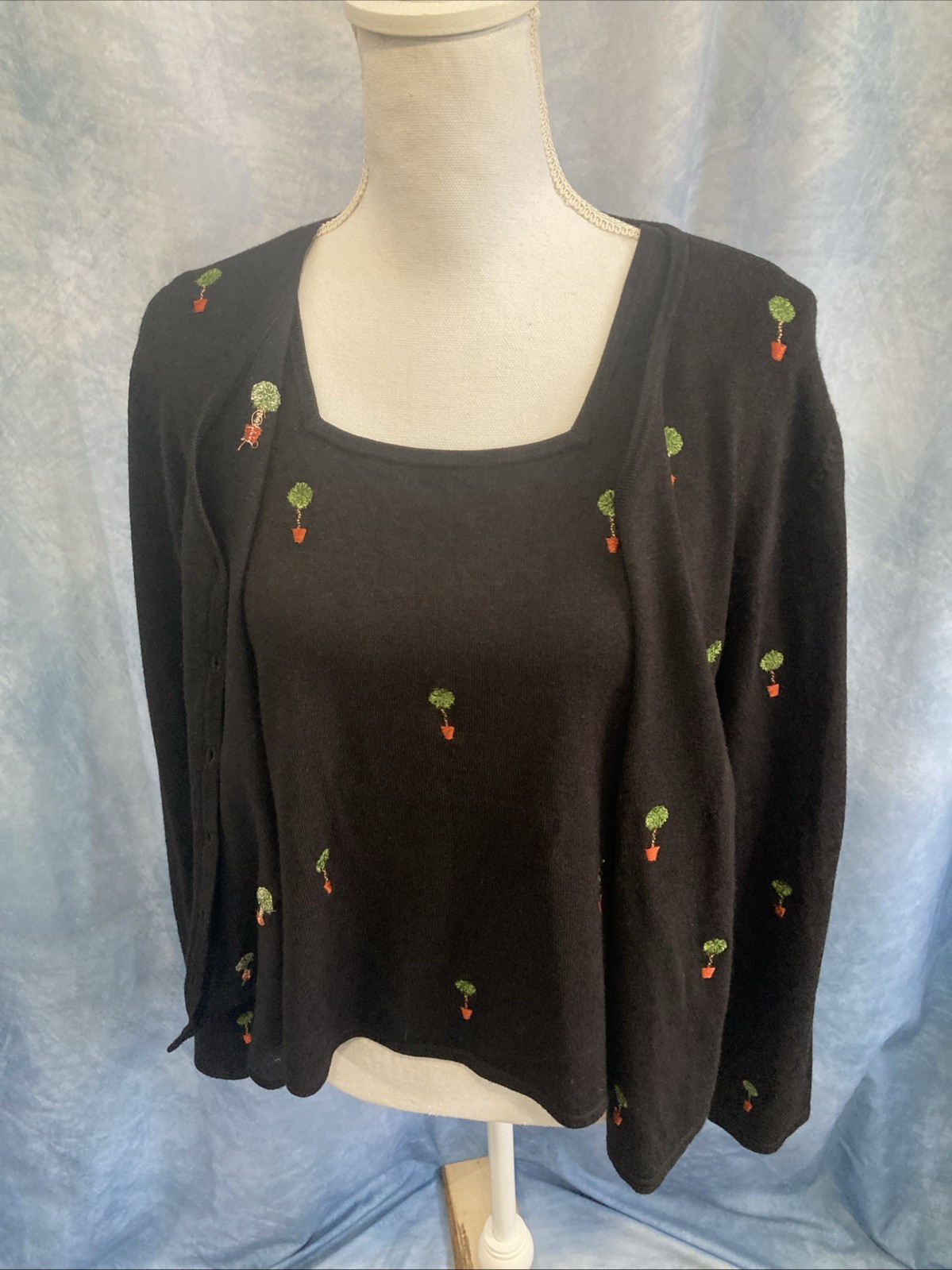 Vtg 90s Etoile 2pc Cardigan & Shell Set XL Black Topiary Embroidered Twinset GUC