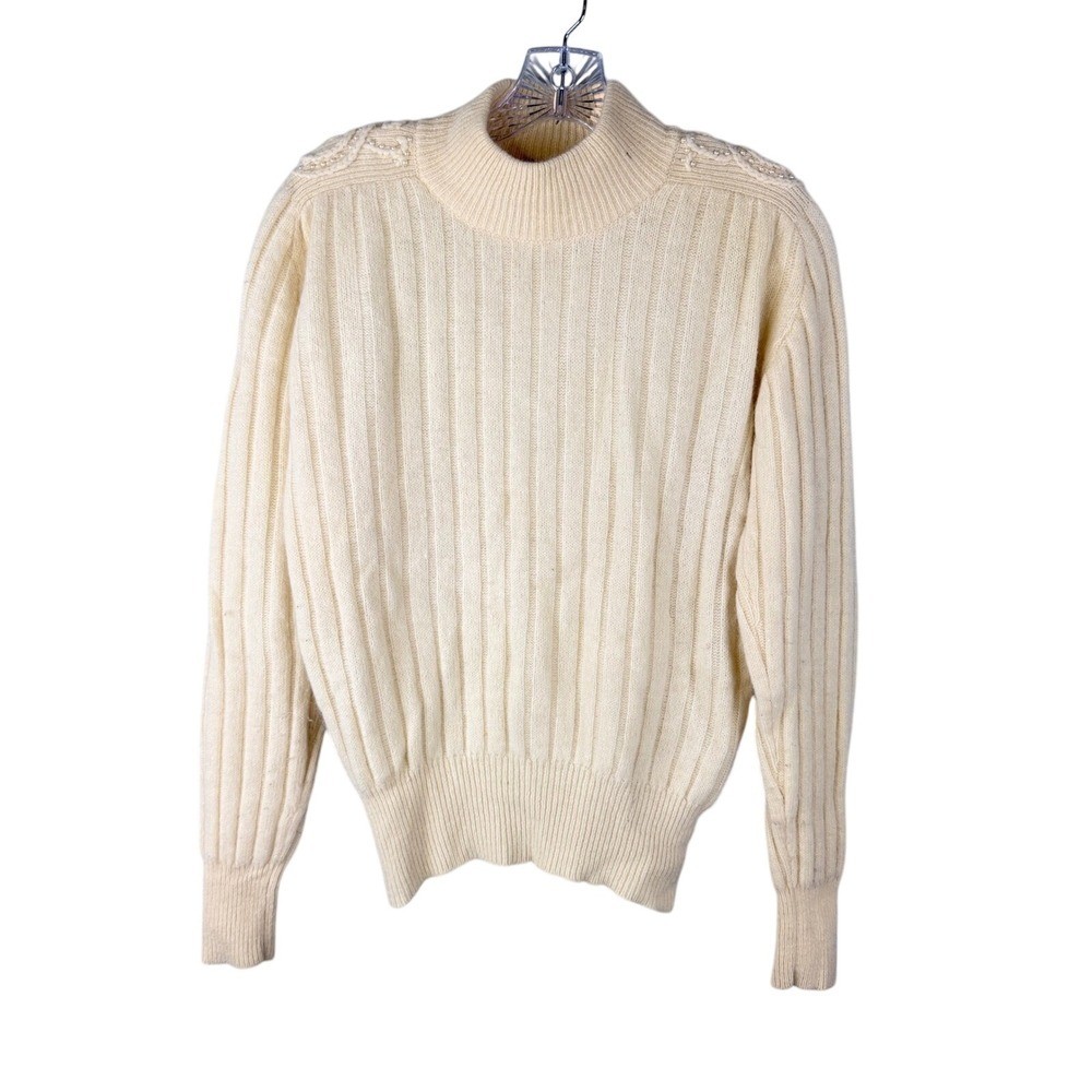 La Redoute Vintage Cream Angora Wool Pearl Beaded Mock Neck Sweater Small