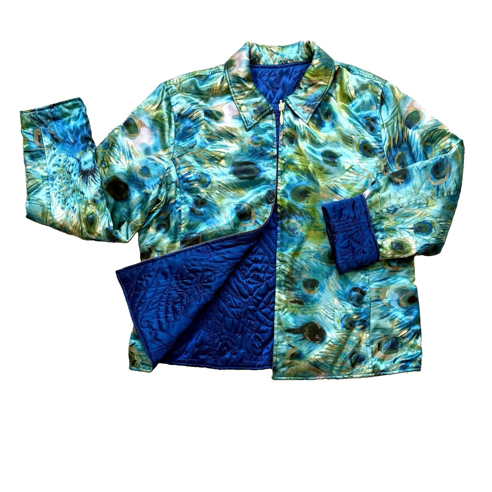 Vintage Reversible Peacock Feather Quilted Jacket Wearable Art Womens XL 80s 90s